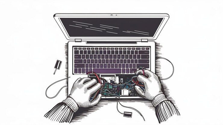 Photo top view reparation of a laptop with copy space