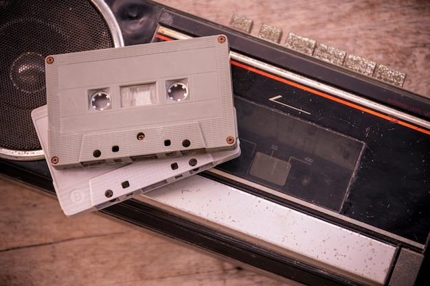 Top view retro radio and cassette tape