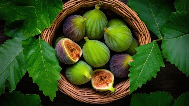 Photo top view of ripe figs in a basket banner