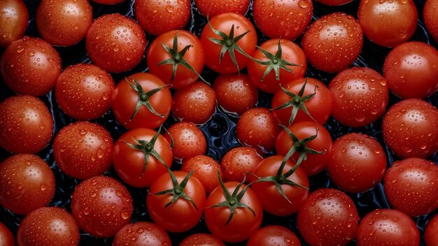 Top view of ripe fresh tomatoes with water drops on black background