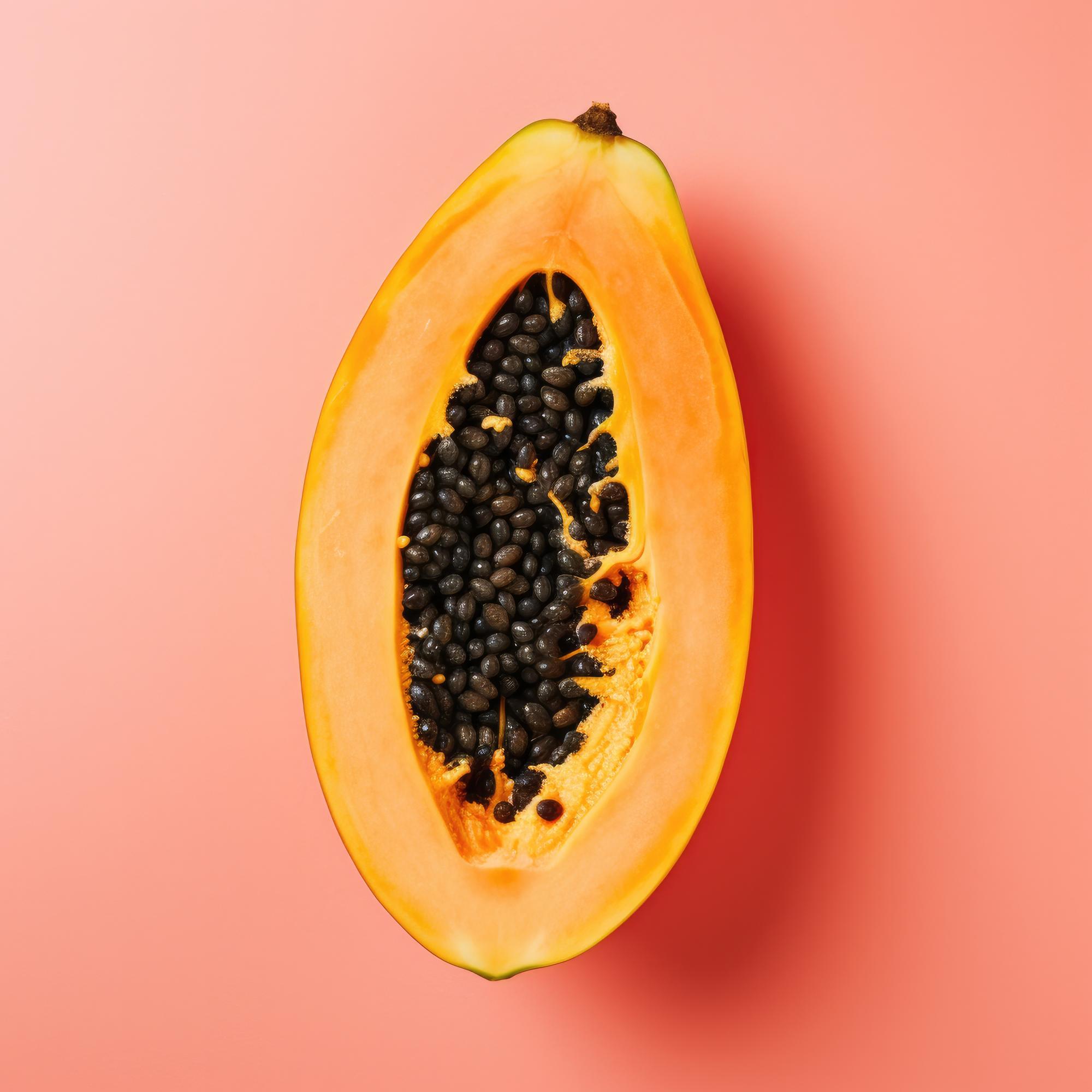 Top view of ripe half cut papaya on pink color background Generative AI