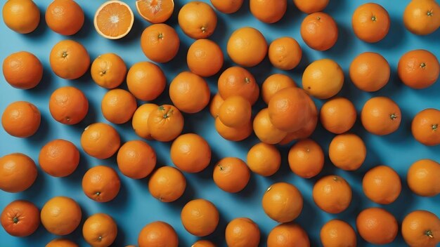 Top view of ripe juicy whole oranges on colorful background with copy space