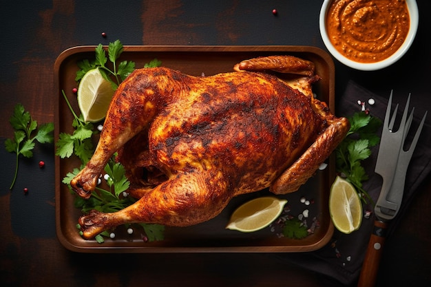 Top view of roasted chicken dish for thanksgiving with corn