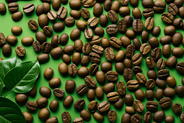 Foto vista dall'alto di chicchi di caffè arrostiti sparsi da una ciotola di legno sullo sfondo di chicci di caffè