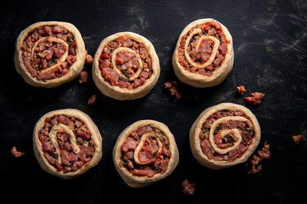 Top view rolled dough with meat filling on dark background