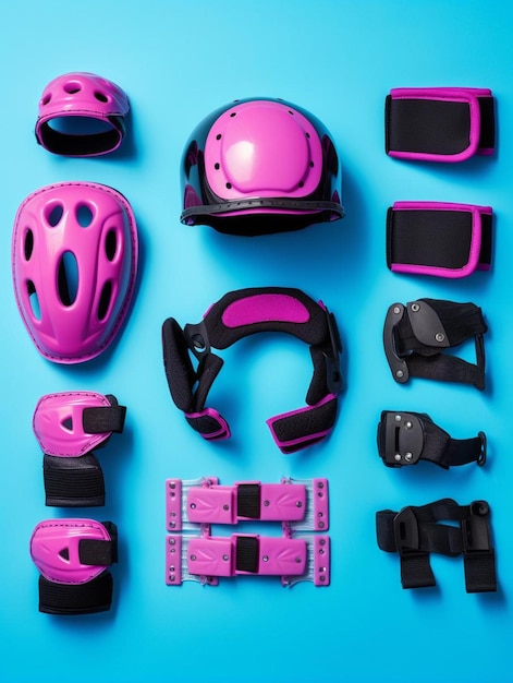 Photo top view of roller skates protective gear set knee elbow and wrist pads and helmet in pink colors