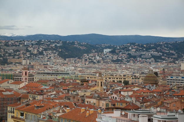 Top view on the roofs of Nice. Ancient architecture in Europe, old town. Travel destination.