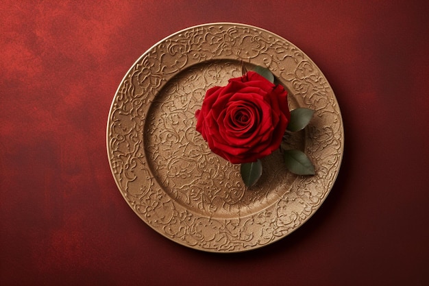 Top view rose and gift on a plate