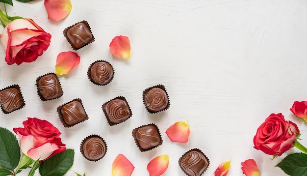 トップビューバラの花びらと美味しいチョコレートキャンディーコピースペース