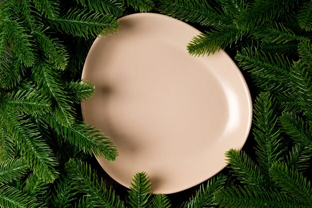 Top view of round festive plate on fir tree.