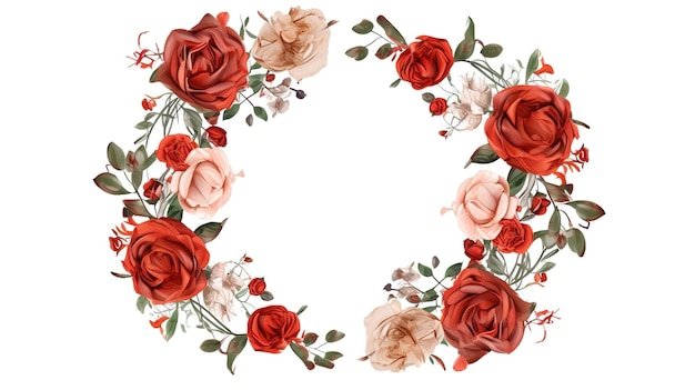 Верхний вид круглой цветочной рамки, сделанной из красных лепестков розы Generative Ai