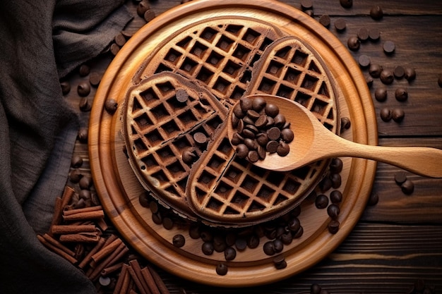 Top view of round waffles with chocolate pieces and wooden scoop