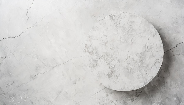 Верхний вид круглого белого бетонного пьедестала на белом текстурированном бетонном столе для дисплея продуктов питания
