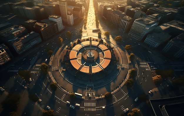 top view of a roundabout in the middle of a busy city aerial view centered symmetrical