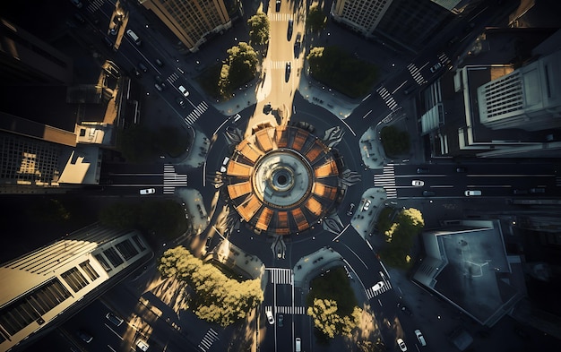 忙しい街の真ん中にあるロータリーの上面図 空撮中心対称