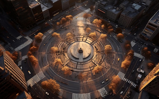 Foto vista dall'alto di una rotatoria nel mezzo di una città trafficata vista aerea centrata simmetrica