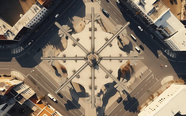 Photo top view of a roundabout in the middle of a busy city aerial view centered symmetrical