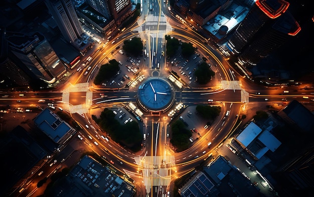 Foto vista dall'alto di una rotatoria nel mezzo di una città trafficata vista aerea centrata simmetrica