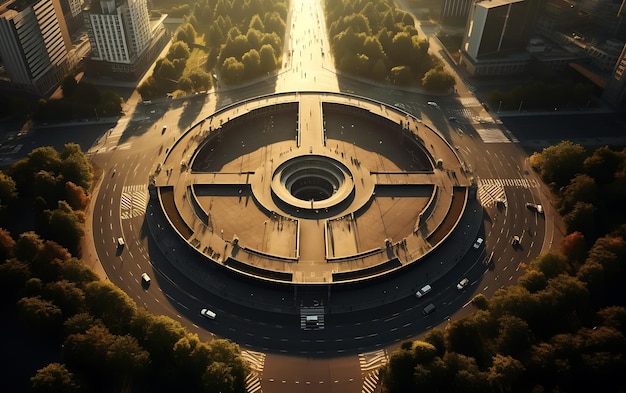 top view of a roundabout in the middle of a busy city aerial view centered symmetrical