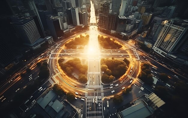 top view of a roundabout in the middle of a busy city aerial view centered symmetrical