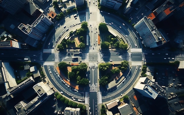 忙しい街の真ん中にあるロータリーの上面図 空撮中心対称