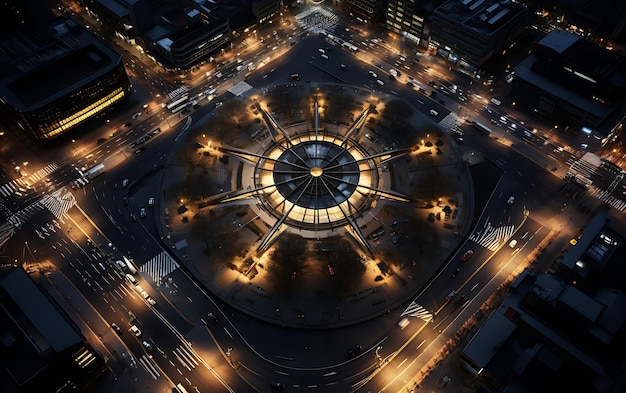 top view of a roundabout in the middle of a busy city aerial view centered symmetrical