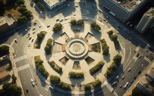 Vista dall'alto di una rotatoria nel mezzo di una città trafficata vista aerea centrata simmetrica