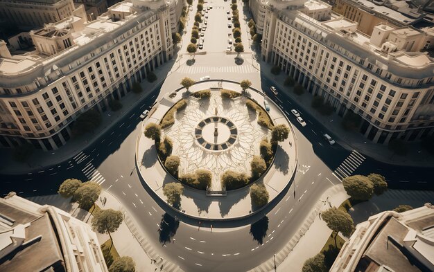 top view of a roundabout in the middle of a busy city aerial view centered symmetrical