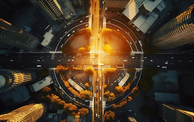 Photo top view of a roundabout in the middle of a busy city aerial view centered symmetrical