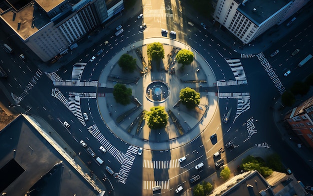 Photo top view of a roundabout in the middle of a busy city aerial view centered symmetrical