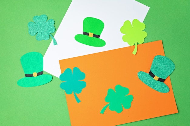 Top view over Saint Patrick day symbols in traditional colors