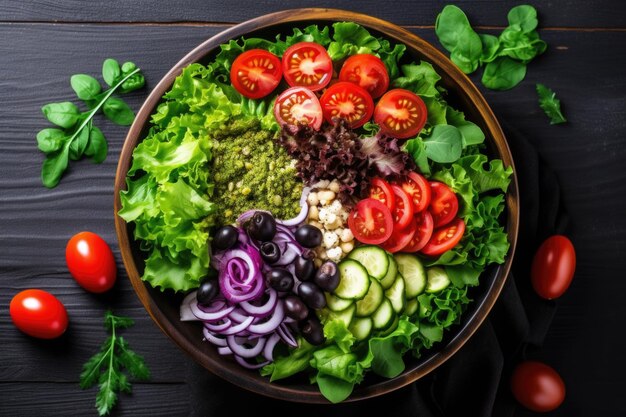 Top view of a salad bowl with lettuce tomatoes and olives