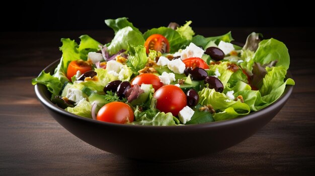 Top view salad ingredients mixed salad greens cherry tomatoes olives feta