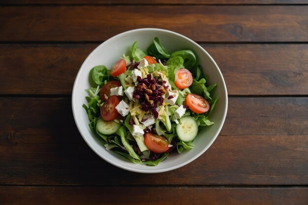 top view salad on a white bowl on brown table