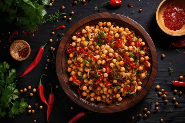 Top view of a salad with chickpeas onion and dried tomatoes