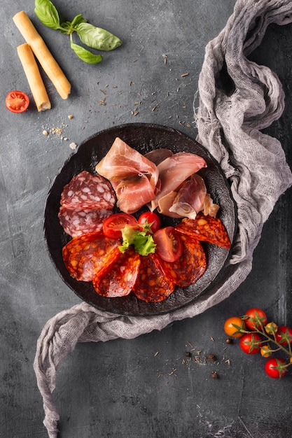 Top view of salami arrangement on plate