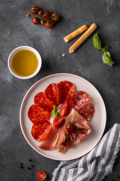 Top view of salami arrangement on plate