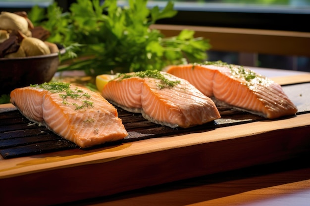 Top view of salmon fillets on cedar plank on grill created with generative ai