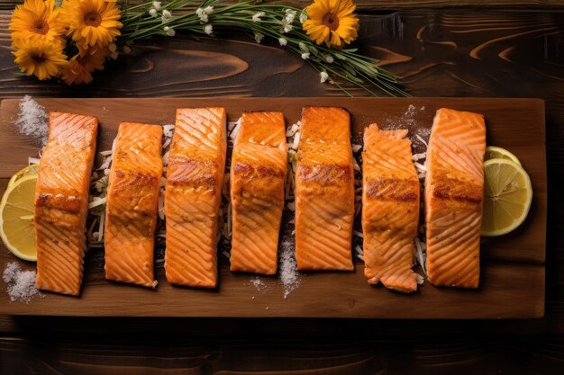 Top view of salmon fillets on cedar plank on grill created with generative ai