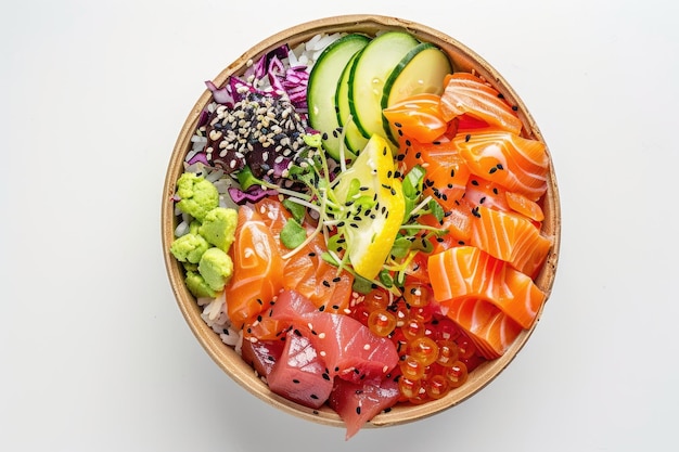 Photo top view of salmon poke bowl on white background