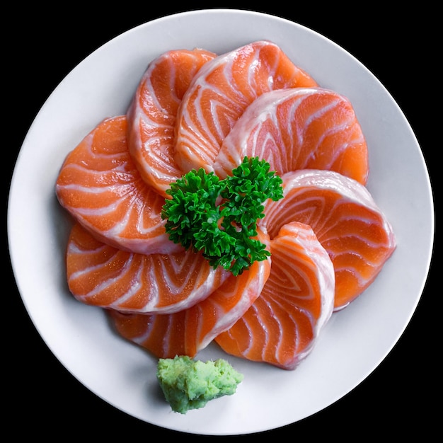 top view of salmon sashimi set on thai plate