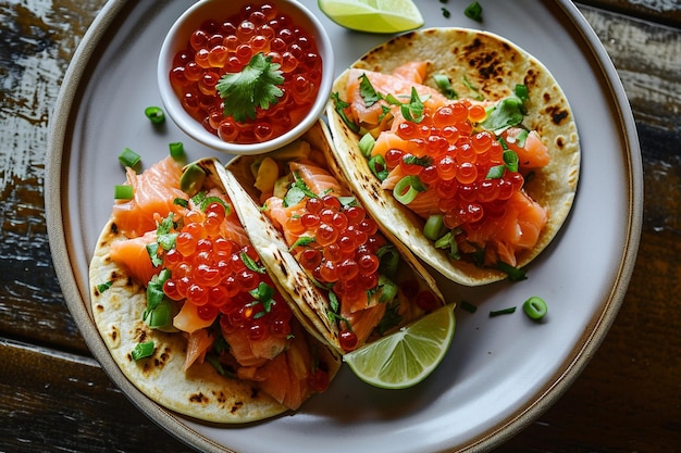 Photo top view of salmon tacos with red caviar and green onion on a plate on pld tablecloth