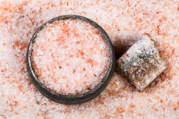 Top view of salt cellar and pink Himalayan Salt