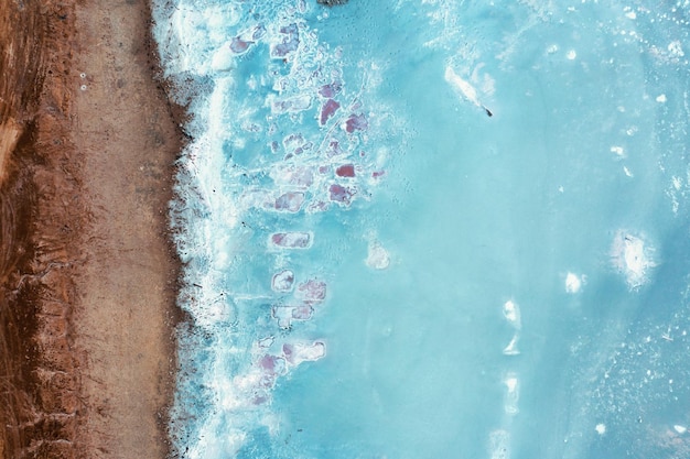 Top view of the saltcovered shore of Pink Lake