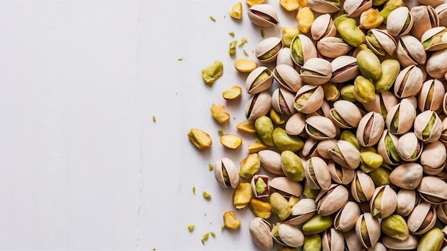 Top view of salted roasted pistachios on white background with copy space