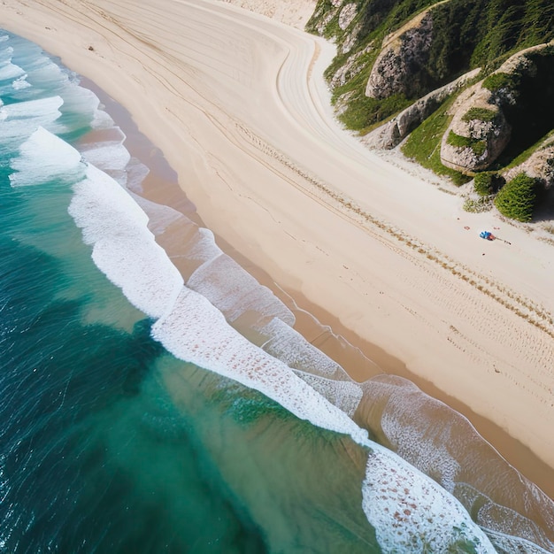 Top view of sand beach with beach hat