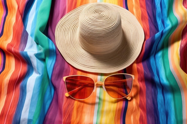 Top view of sandglass next to a beach hat and sunglasses on colorful sarong