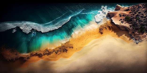 Top view sandy beach with the ocean and waves visible in the background