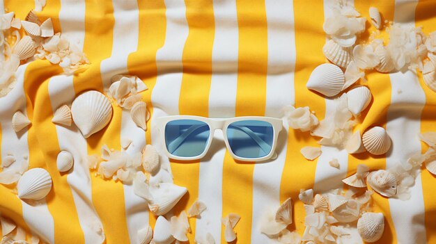 Top view of sandy beach with stripy yellow and white shells