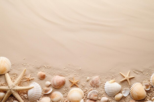 Top view of a sandy beach with various seashells and starfish on one side copy space vacation holiday background empty space for text advertising travel relax generative ai